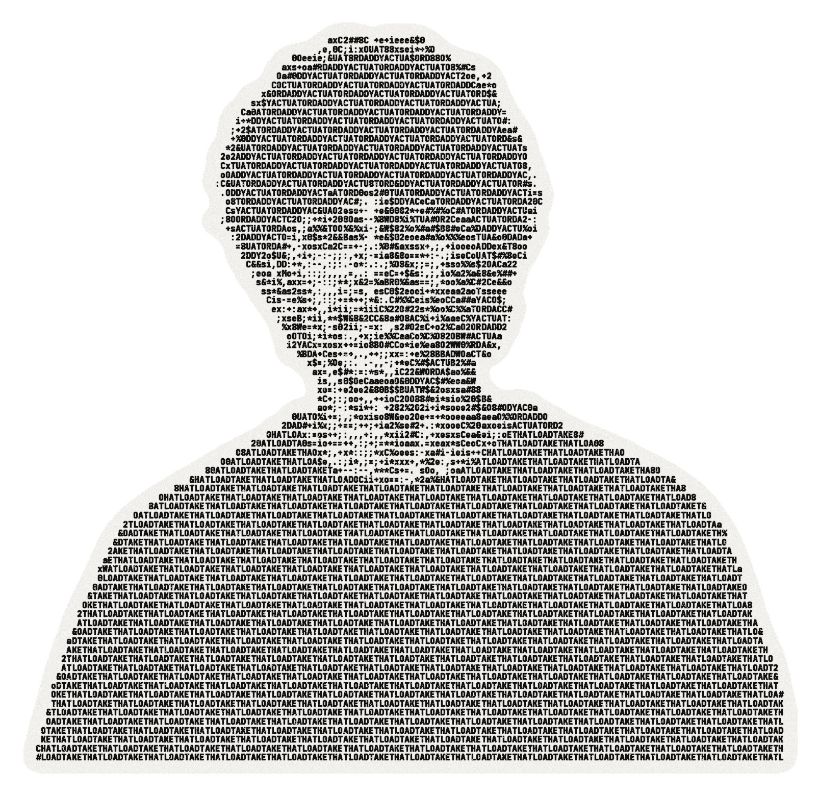 Tarun as a black-and-white ASCII paper cutout. His hair is set in the words Actuator Daddy, his sweater in Take That Load.